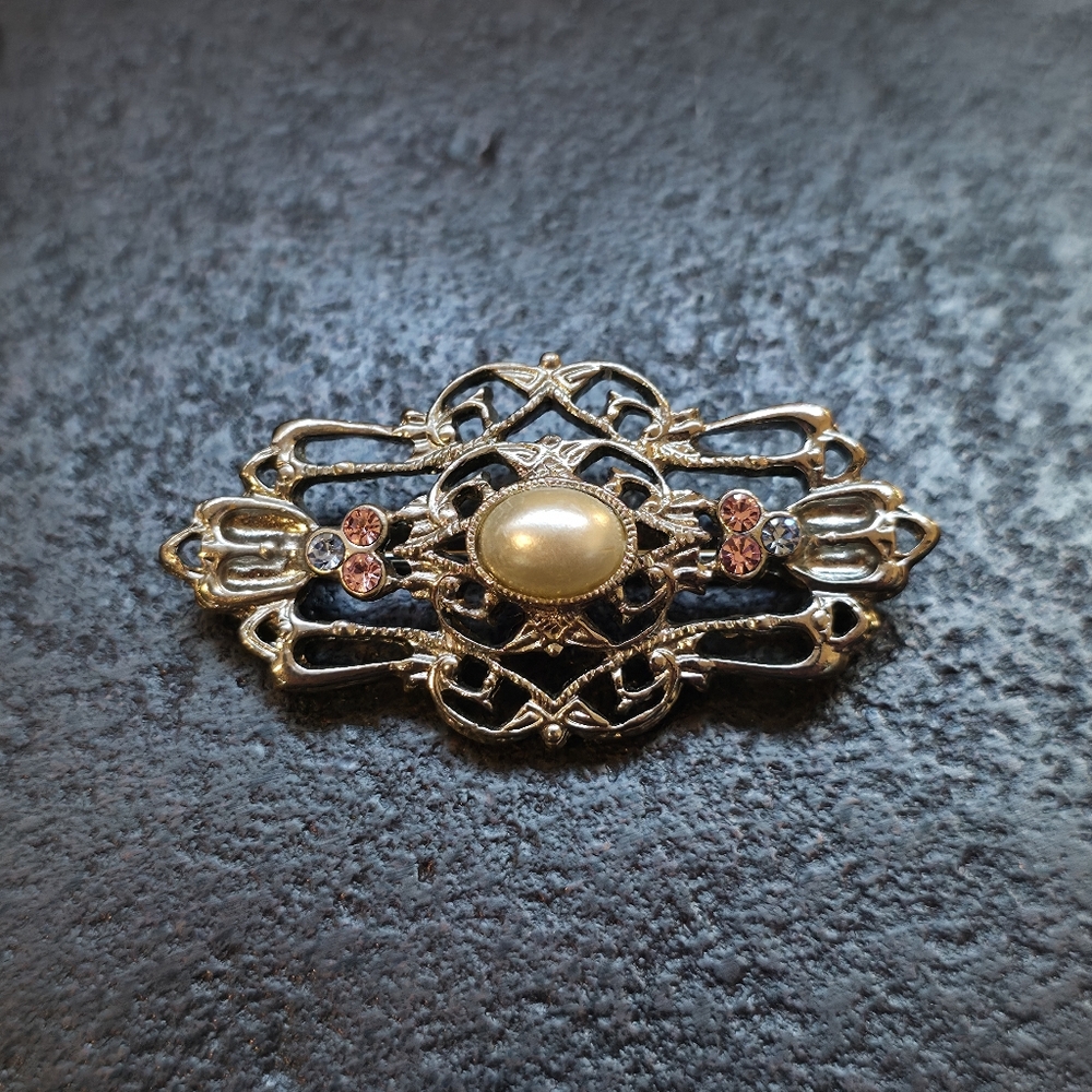 Vintage Victorian Revival Filigree Brooch with Faux Pearl and Rhinestone Accents